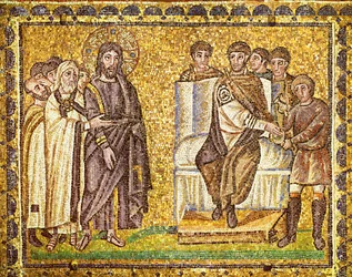 Le Christ devant Pilate qui se lave les mains, les grands prêtres et les soldats romains, VIe siècle (mosaïque)