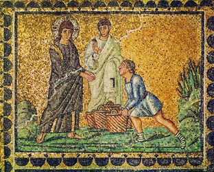 Jésus et la multiplication des pains, un apôtre et un homme avec des corbeilles à pain, VIe siècle (mosaïque)