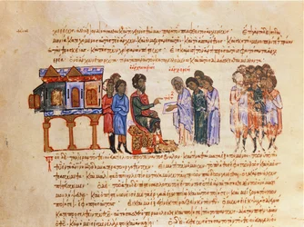 MMS Vitr 26-7 Ambassadeur de Kiev Envoyé par le Roi Vladimir (978-1015) est Informé sur le Christianisme par un Évêque Byzantin, du Skylitzes de Madrid