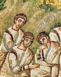 Apôtres endormis, détail du Christ et des apôtres dans le jardin de Gethsémani, VIe siècle (mosaïque)