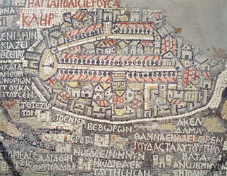 La ville de Jérusalem et ses environs, détail de la carte en mosaïque de Madaba, byzantine, VIe siècle