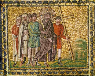 Le port de la croix. Le Christ, les soldats et les grands prêtres sur le chemin du Golgotha, VIe siècle (mosaïque)