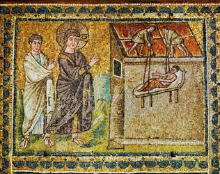 Le paralytique descendu du toit, Jésus et un apôtre, VIe siècle (mosaïque)