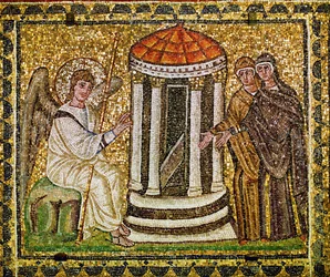 Les deux femmes et un ange avec une auréole et un bâton au tombeau vide du Christ, VIe siècle (mosaïque)