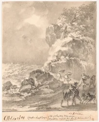 Côte rocheuse avec des figures dans la tempête