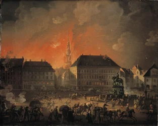 La nuit la plus terrible. Vue de Kongens Nytorv à Copenhague pendant le bombardement anglais de Copenhague la nuit du 4 au 5 septembre 1807
