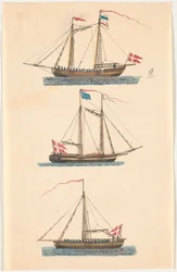 Trois navires de guerre avec drapeaux danois. À rames