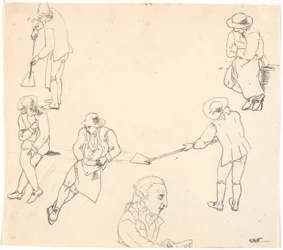 Esquisse avec six figures masculines, deux avec des pelles, trois assises, et un profil d