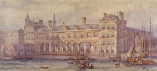 Vue du marché de Billingsgate avec des figures et des bateaux au premier plan, Londres, 1877