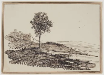 Paysage de montagne avec arbres, maisons en arrière-plan