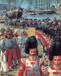 Troupes britanniques arrivant à Malte en direction de la Crimée (lithographie couleur)
