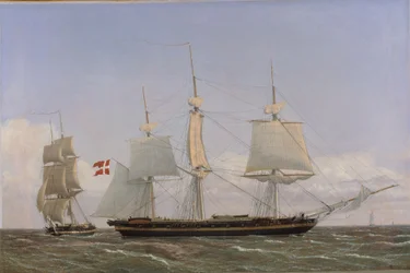 Une corvette danoise en conférence avec une brigantine danoise : scène dans les eaux des Antilles
