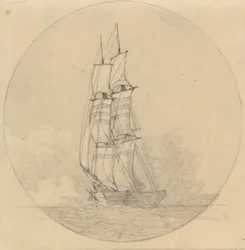 Une brigantine sous voile vue de face