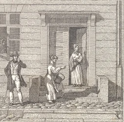 Scène de rue, deux filles, un homme et une femme regardent quelque chose