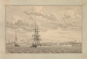 Copenhague vue du port extérieur avec une brigantine à l