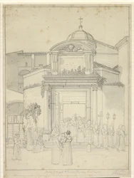 Église Saints Cosme et Damien (Temple de Romulus et Remus) avec des moines en procession sortant de la porte de l