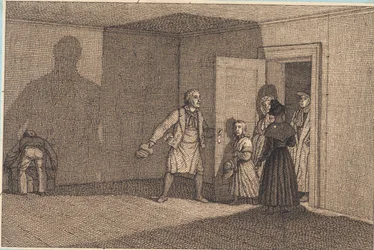 Voyageurs se faisant montrer leur chambre. Illustration pour "Linearperspectiven", Planche VIII