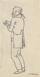 Feuille satirique ; un homme souriant, vu de côté, avec les deux mains devant la poitrine, et partie d