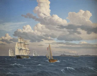 Navires dans le détroit au nord du château de Kronborg, Elsinore