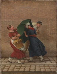 Scène de rue par temps venteux et pluvieux