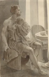 Télémaque rencontre Ulysse déguisé en mendiant chez le berger Eumée - Ulysse; fragment de la composition entière.