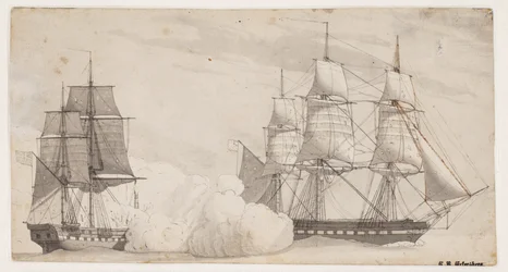 Deux navires de guerre en combat (la frégate anglaise Shannon et la frégate américaine Chesapeake?)