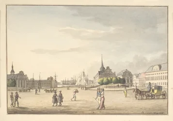 Vue de la place du château vers la Bourse et la banque