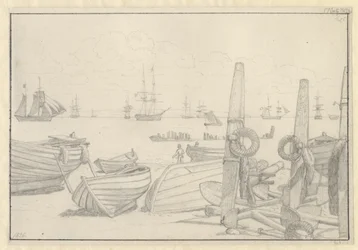 Vue de la plage au sud de Helsingør vers le navire de garde, la brigantine "Falster"