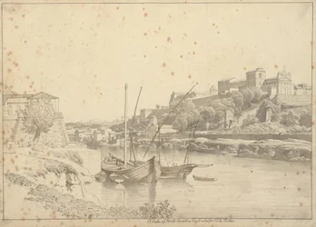 Vue sur le Tibre à Porto di Ripa Grande, hors de Porta Portese vers Marmorata et les églises sur le mont Aventin, Rome