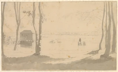 Vue sur un lac, à gauche une maison de bain, au centre des cavaliers abreuvent des chevaux, premier plan boisé