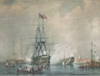 HMS Victory tirant une salve royale au port de Portsmouth, de British Adventure publié par Collins, 1947