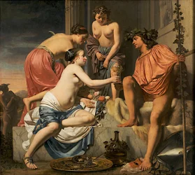 Bacchus sur un trône - Nymphes offrant du vin et des fruits à Bacchus