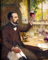 Louis Pasteur étudiant la fermentation du jus de raisin