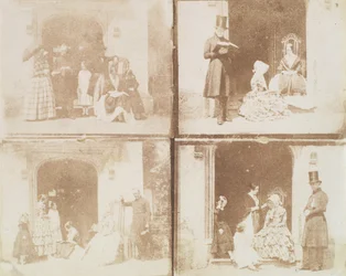 Planche-contact de quatre portraits de groupe dans une porte, vers 1850