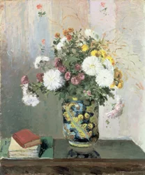 Bouquet de fleurs, chrysanthèmes dans un vase chinois