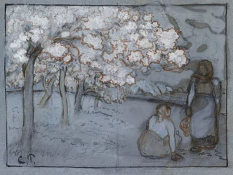 Étude compositionnelle de deux paysannes conversant dans un verger, vers 1894