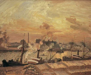 Déchargement de bois, quai de la Bourse, coucher de soleil