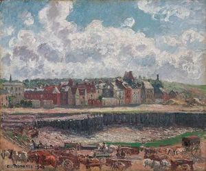 Chevaux et charrettes devant le port de pêche, Dieppe, à marée basse, 1902