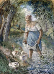 Paysanne traversant un ruisseau, vers 1894
