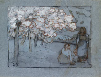 Étude compositionnelle de deux paysannes conversant dans un verger, c. 1894