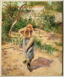 Agricultrice creusant dans un verger (huile sur toile)