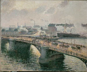 Coucher de soleil par temps de brouillard sur le pont Boieldieu à Rouen (huile sur toile)