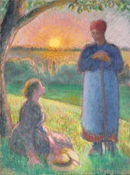 Paysans parlant, coucher de soleil, Eragny