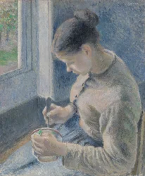 Jeune paysanne prenant son café