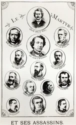 Louis Riel (1844-85) et ses assassins, illustration tirée de Le Gibet de Regina, publiée en 1886