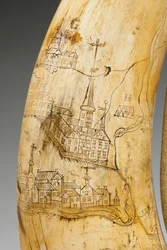 Corne à poudre, gravée avec une carte du fleuve Saint-Laurent dans la région de Québec, vers 1759