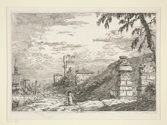 Paysage avec tour et deux piliers en ruine, de la série Vedute