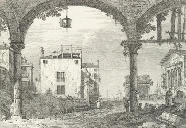 Un portique à trois arches avec une lanterne ouverte suspendue au centre, un arc de triomphe et des ruines, 1735-46
