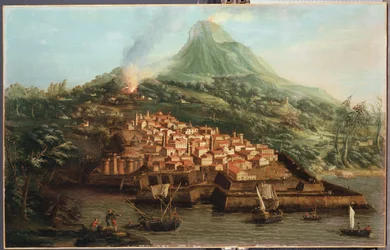 Une île volcanique avec un port et des navires