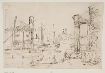 Capriccio avec des ruines classiques sur un quai, une maison de bateaux, deux galères, deux mâts d
